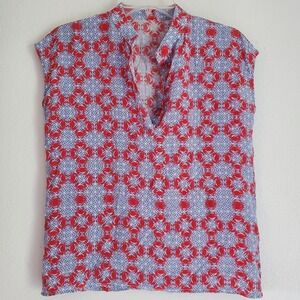 Crab Print Shirt Womens Medium Blue Red 100% Silk‎ Short Sleeve Summer Beach Top